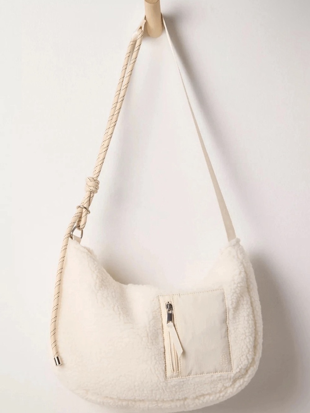 Free People Slopes Sling Bag Cream Sherpa Hobo Bag with Front Zip Pocket